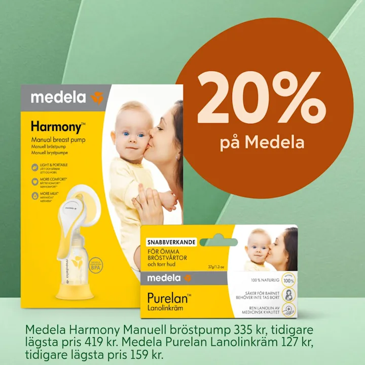 Medela Harmony manuell bröstpump och Purelan lanolinkräm med erbjudande om 20% rabatt mot grön bakgrund.