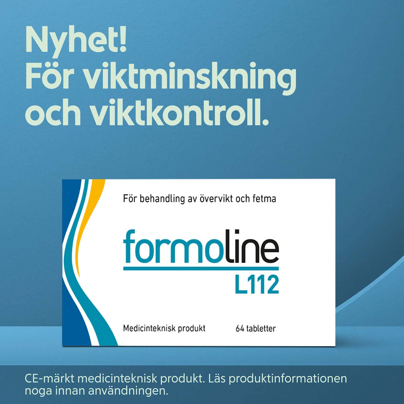 Box med Formoline L112 viktminskningstabletter på blå bakgrund med texten Nyhet! För viktminskning och viktkontroll.