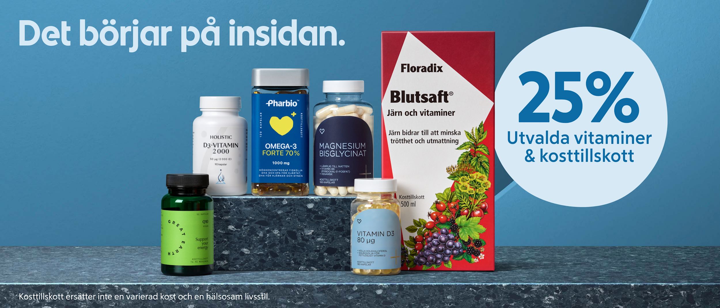 Flera vitaminer och kosttillskott i flaskor och förpackningar visas på blå bakgrund med texten "Det börjar på insidan" och erbjudandet "25% utvalda vitaminer & kosttillskott".