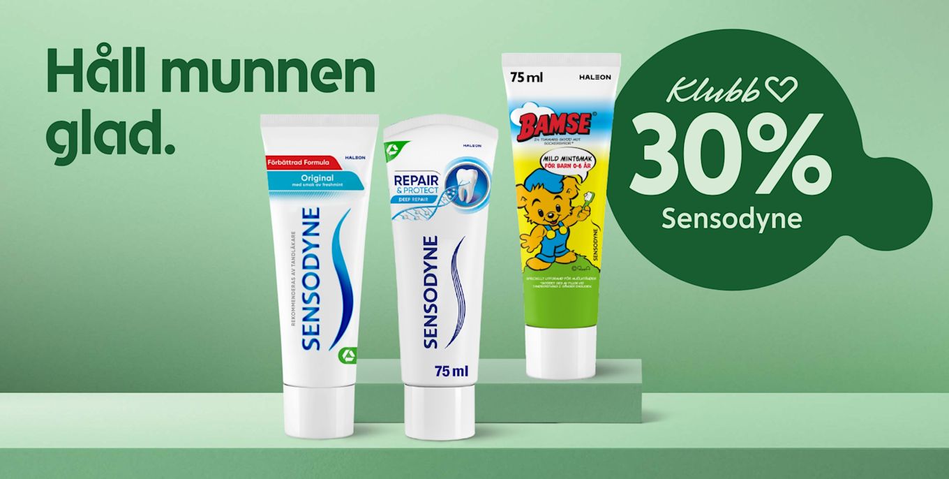 Tre tuber med Sensodyne tandkräm på en grön bakgrund med texten "Håll munnen glad" och erbjudandet "Klubb 30% Sensodyne".