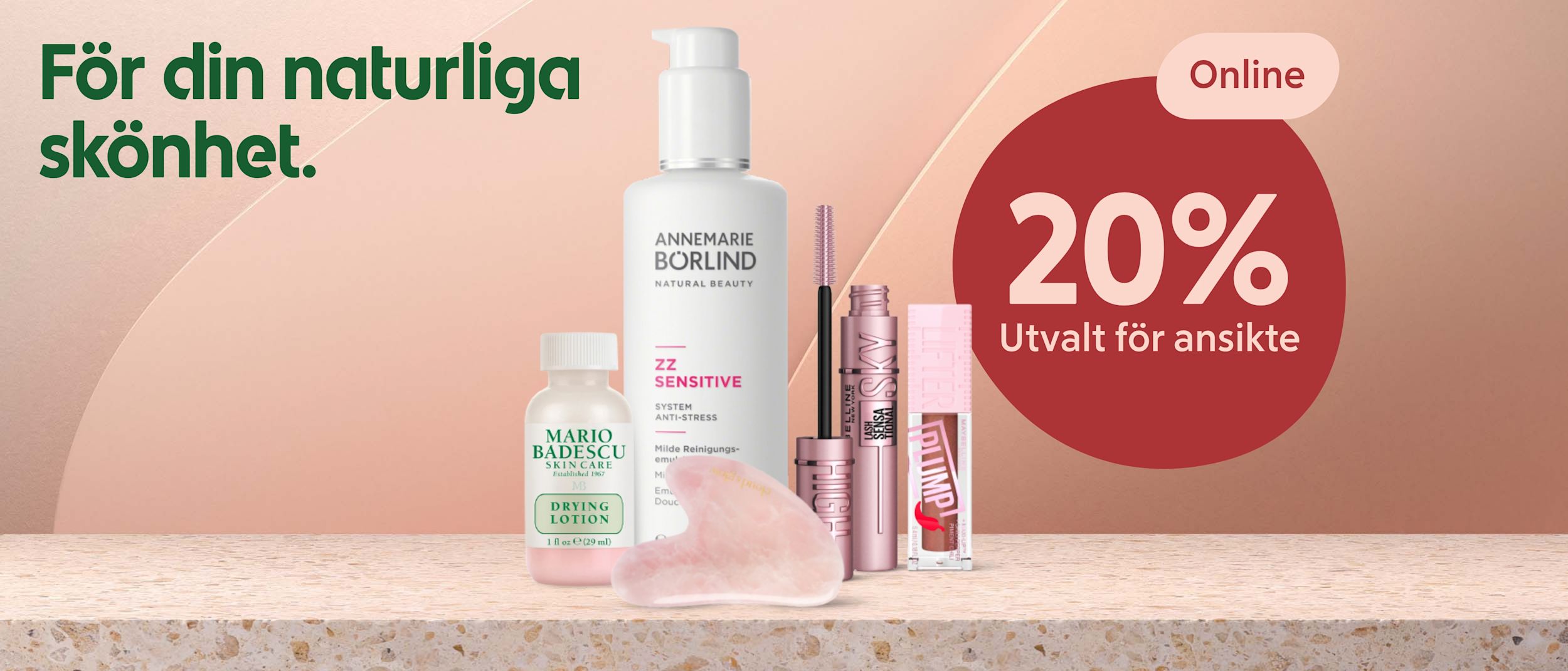 Hudvårdsprodukter och smink, inklusive Mario Badescu Drying Lotion och Annemarie Börlind rengöringskräm, visas på marmoryta text 20% rabatt på utvalt för ansikte.