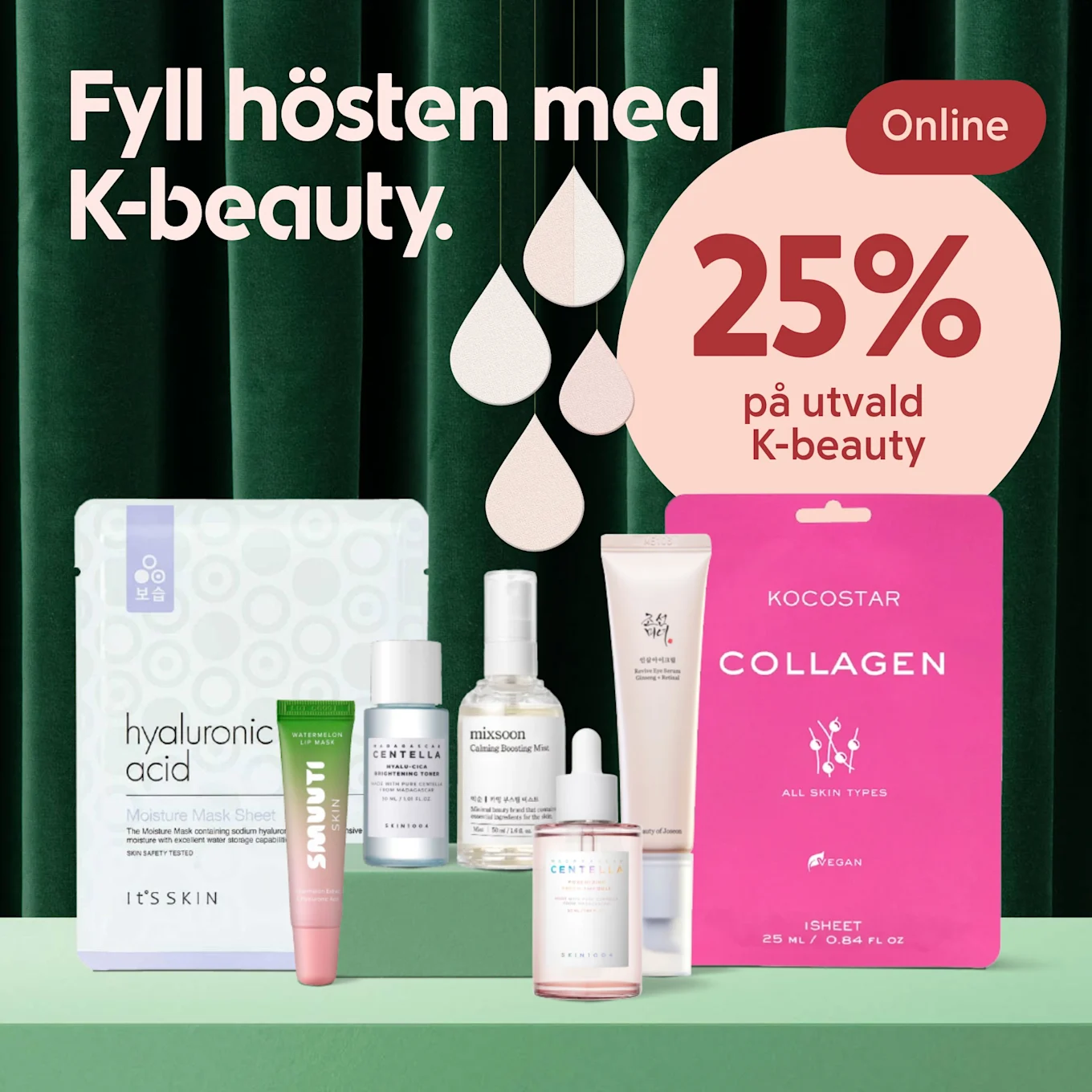 K-beauty hudvårdsprodukter inklusive ansiktsmasker, serum och toner visas mot grön bakgrund med text om 25% rabatt online.