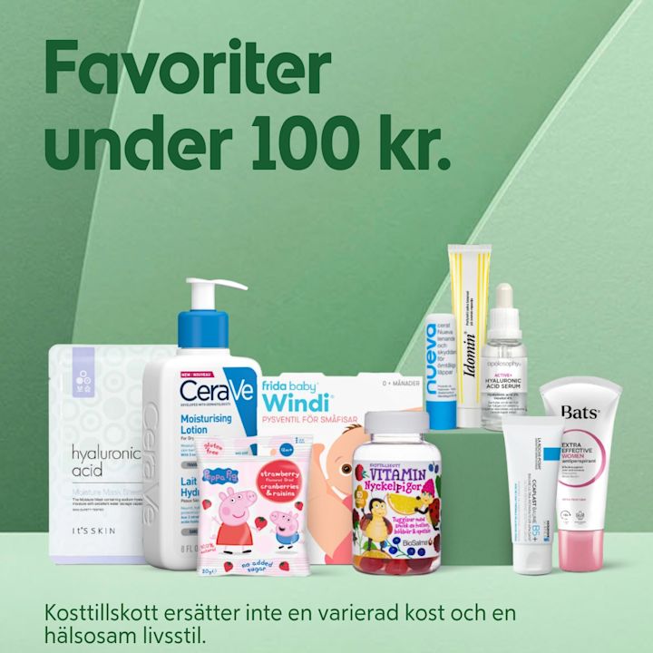 Olika hudvårdsprodukter och kosttillskott under 100 kr uppställda mot en grön bakgrund med texten Favoriter under 100 kr.
