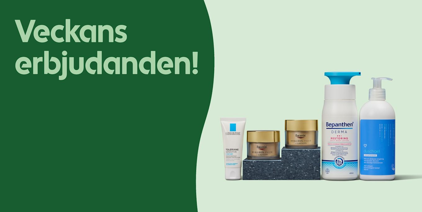 Hudvårdsprodukter från La Roche-Posay, Eucerin och Bepanthen står på marmorfotstöd bredvid texten "Veckans erbjudanden!" på grön bakgrund.