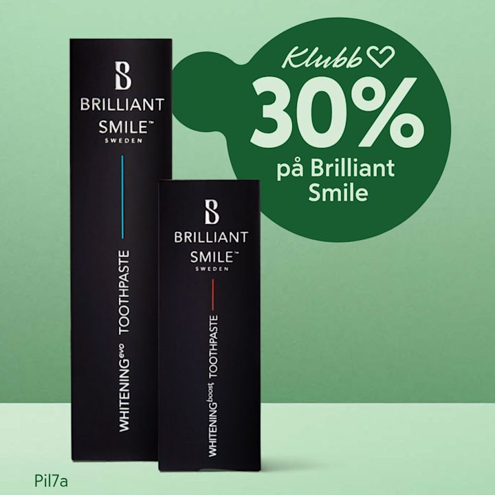 Två svarta Brilliant Smile tandkrämförpackningar står mot en grön bakgrund med texten "Klubb 30% på Brilliant Smile" i en mörkgrön bubbla.