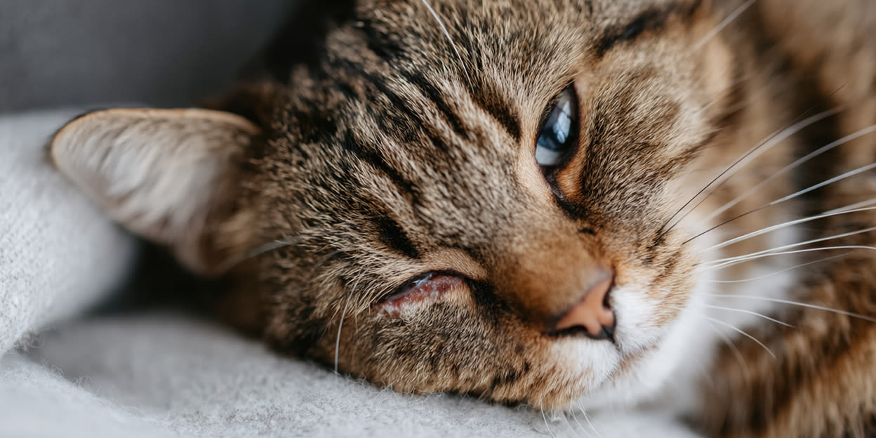 En katt tittar in i kameran. Katten har en ögoninflammation i ena ögat och kisar lite med det skadade ögat.