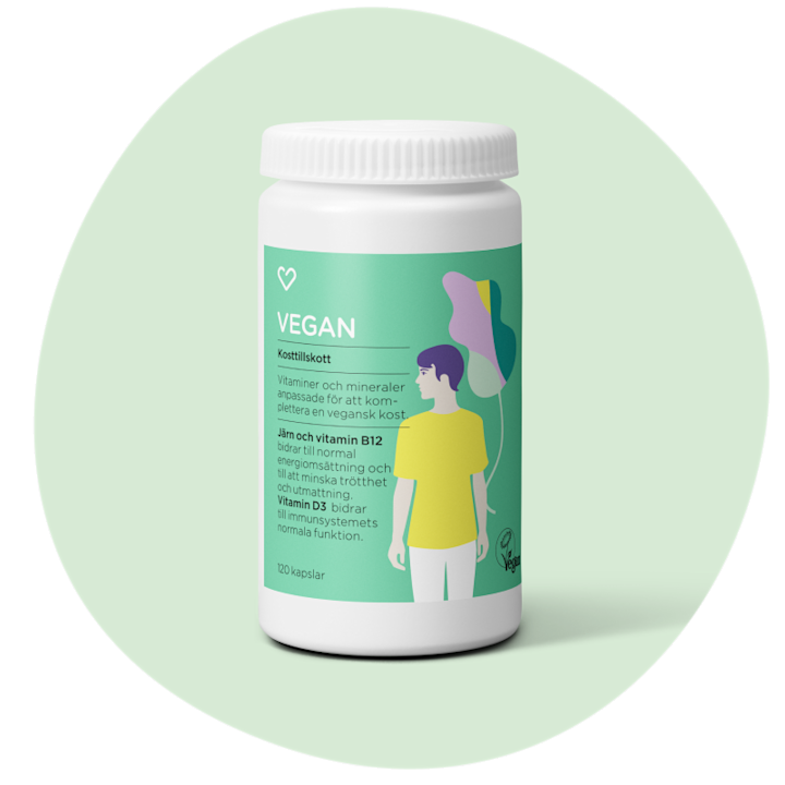 Burk med veganskt kosttillskott, grön etikett med text om vitaminer och mineraler, illustration av person och 120 kapslar.