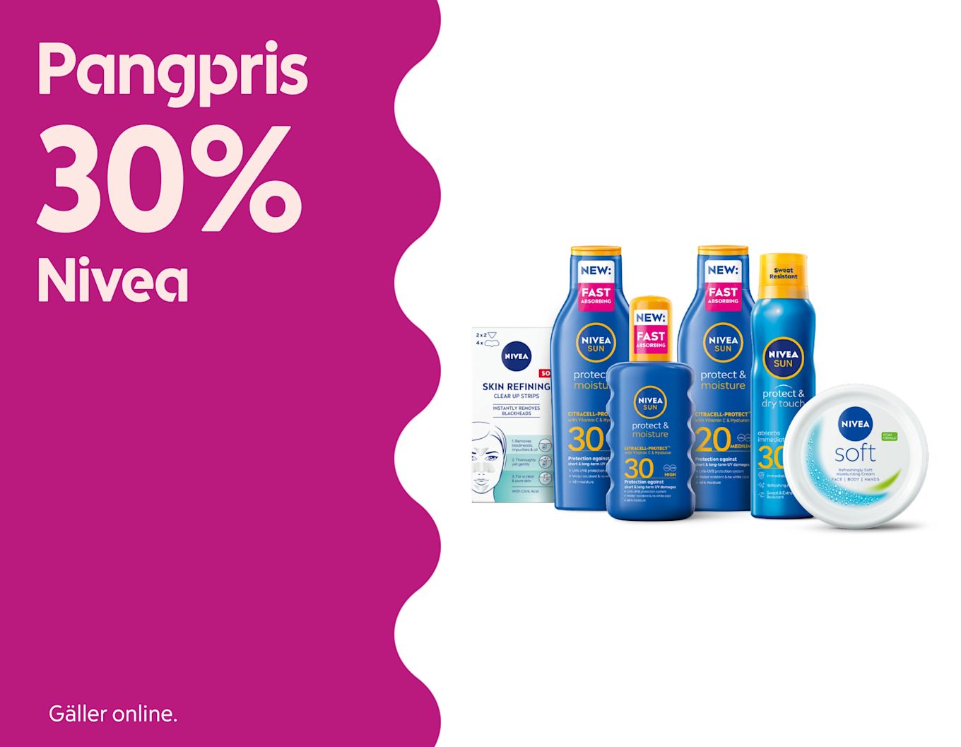 Flaskor och burkar med Nivea solskyddsprodukter och hudvårdsprodukter mot vit bakgrund.