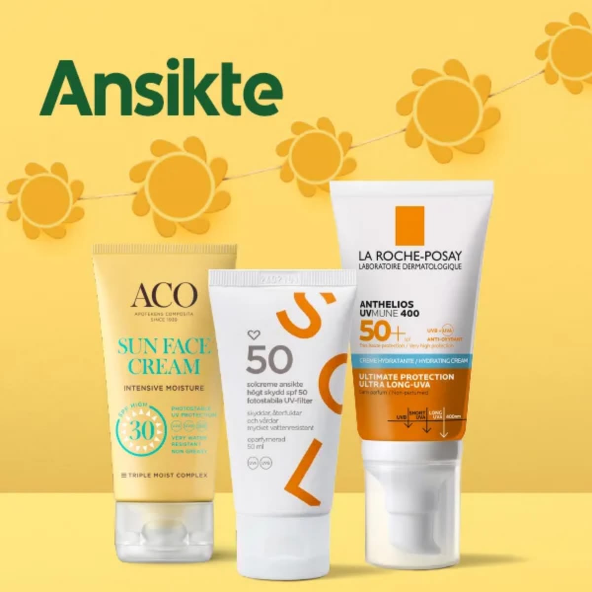 Tre olika solkrämer för ansiktet med solskyddsfaktor 30 och 50 står på en gul bakgrund med ordet "Ansikte" och solblommor ovanför.