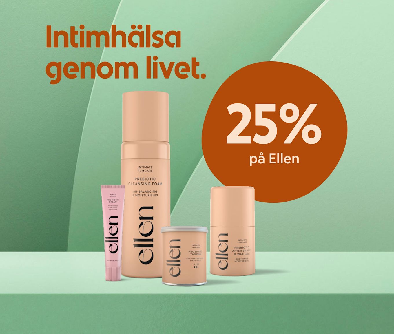 Fyra hudvårdsprodukter från Ellen står på en grön yta med texten "Intimhälsa genom livet" och en cirkel med texten "25% på Ellen".