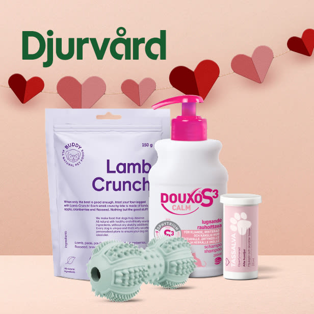 Djurskötselprodukter som hundgodis, lugnande schampo, tuggben och tassalva visas mot en rosa bakgrund med hjärtdetaljer.