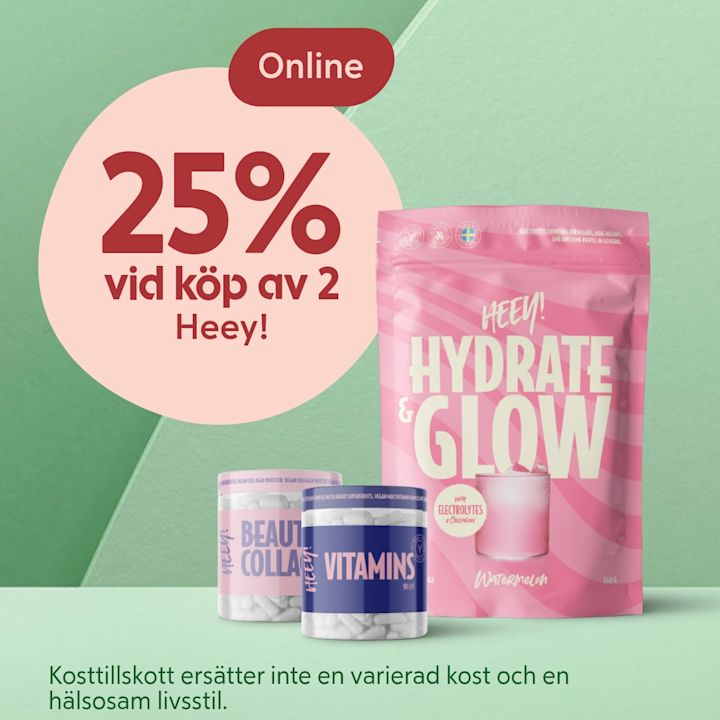 Två burkar med kosttillskott och en påse Hydrate & Glow i rosa förpackning visas med texten "25% vid köp av 2 Heey!" på grön bakgrund.