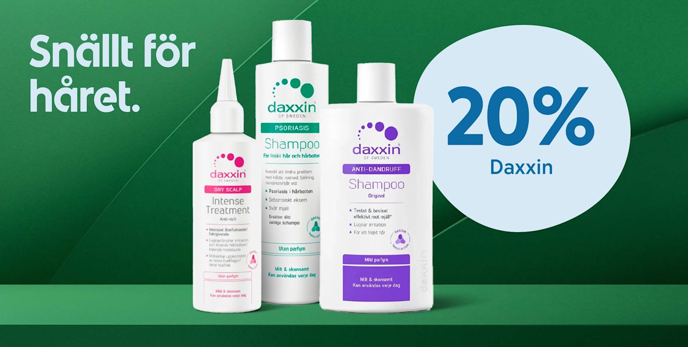 Tre Daxxin hårvårdsprodukter för olika hårbottenproblem står mot en grön bakgrund med texten "Snällt för håret" och en cirkel som visar 20% rabatt.