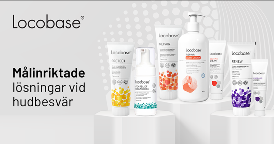 Locobase produkter står uppradade på vita bänkar med texten målinriktade lösningar vid hudbesvär samt Locobase logotyp