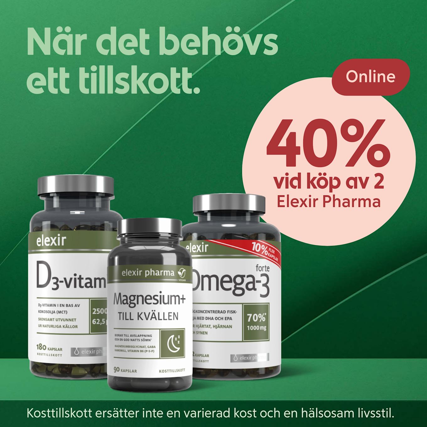 Tre kosttillskott från Elexir Pharma med erbjudande om 40% rabatt vid köp av två online mot grön bakgrund.