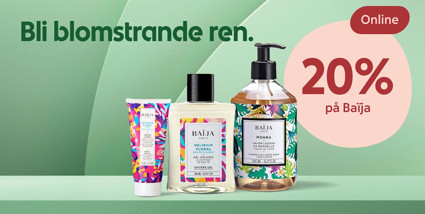 Tre Baïja hudvårdsprodukter står på en grön hylla med texten "Bli blomstrande ren" och erbjudandet "20% på Baïja Online" i bakgrunden.