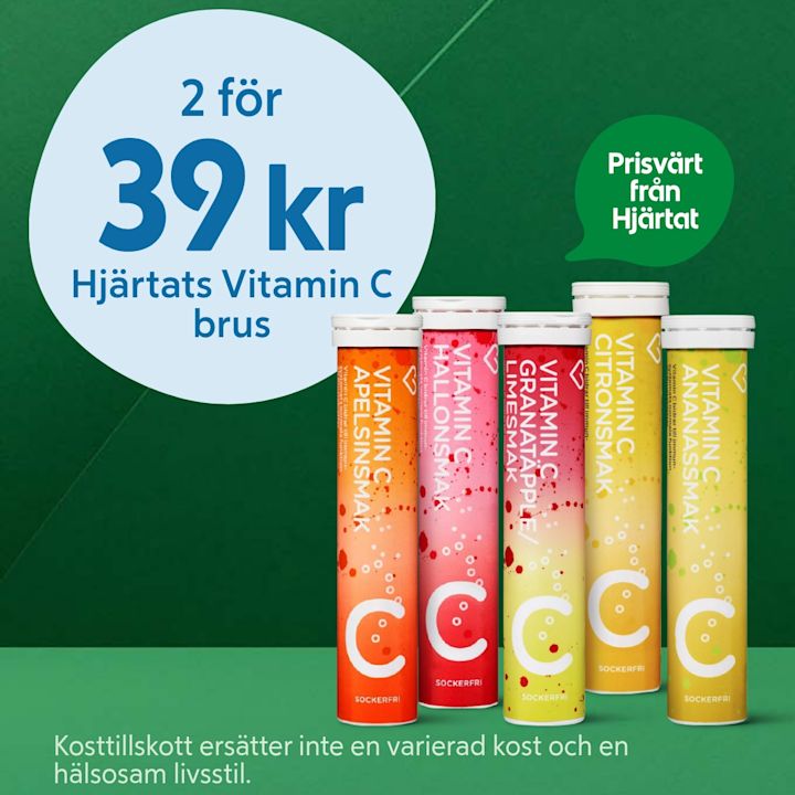 Fem olika rör med Hjärtats Vitamin C brustabletter i smakerna apelsin, hallon, granatäpple/limesmak, citron och ananas på grön bakgrund med pris och erbjudandetext.