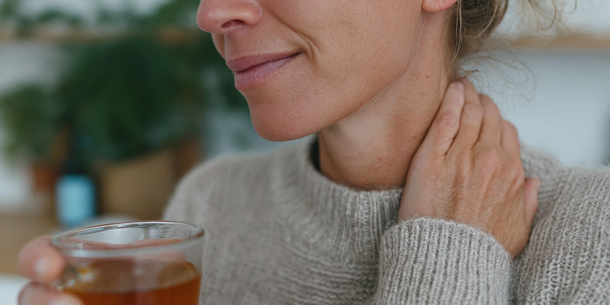 Kvinna som håller ett glas med te och håller sin hand mot sidan av halsen.