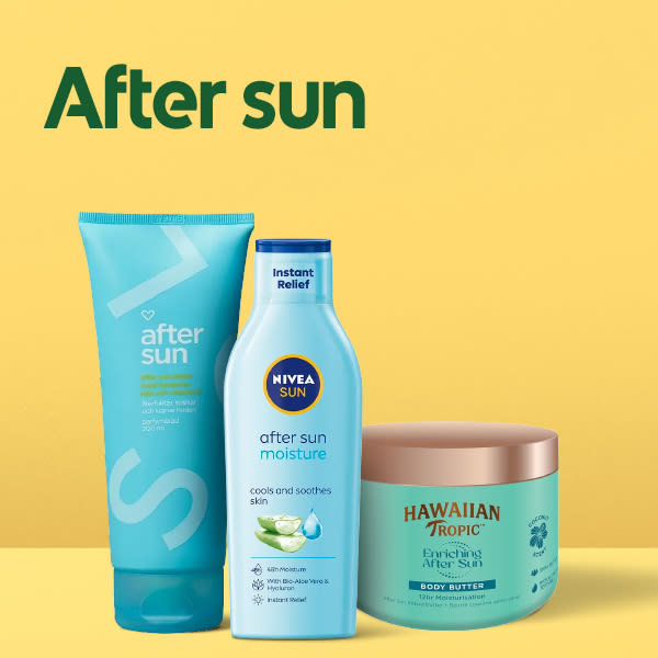 Tre after sun-produkter i blå och turkos förpackningar står mot en gul bakgrund med texten "After sun" ovanför.