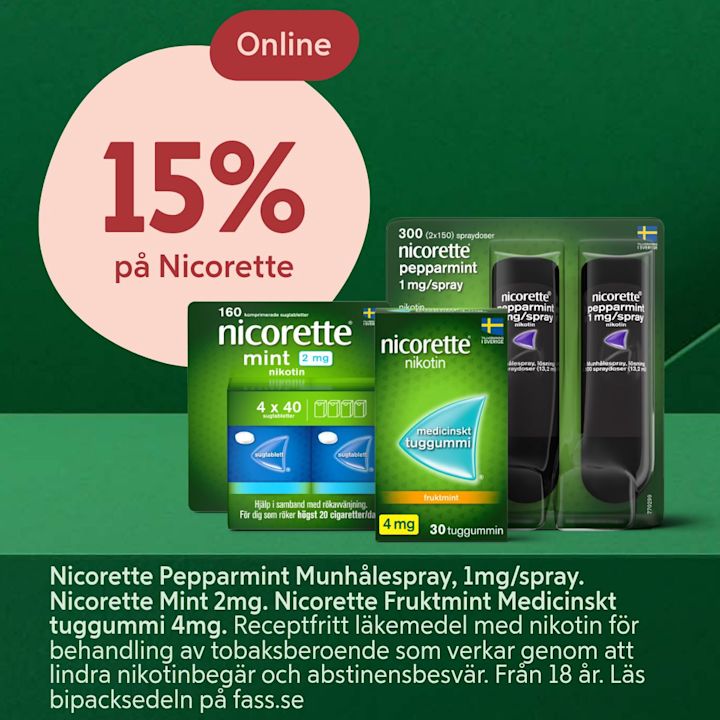 Nicorette-produkter med medicinskt tuggummi och munhålespray visas med erbjudande om 15% rabatt online mot mörkgrön bakgrund.