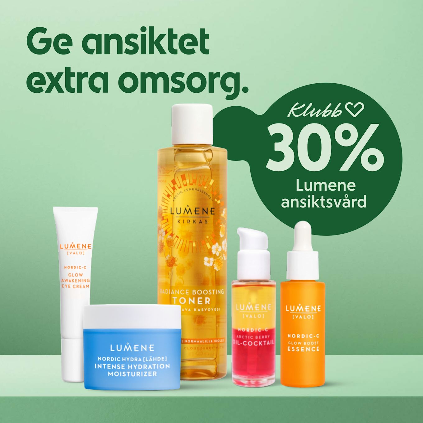 Fem Lumene ansiktsvårdsprodukter, inklusive toner, fuktkräm och serum, visas mot en grön bakgrund med text om 30% klubbpris.