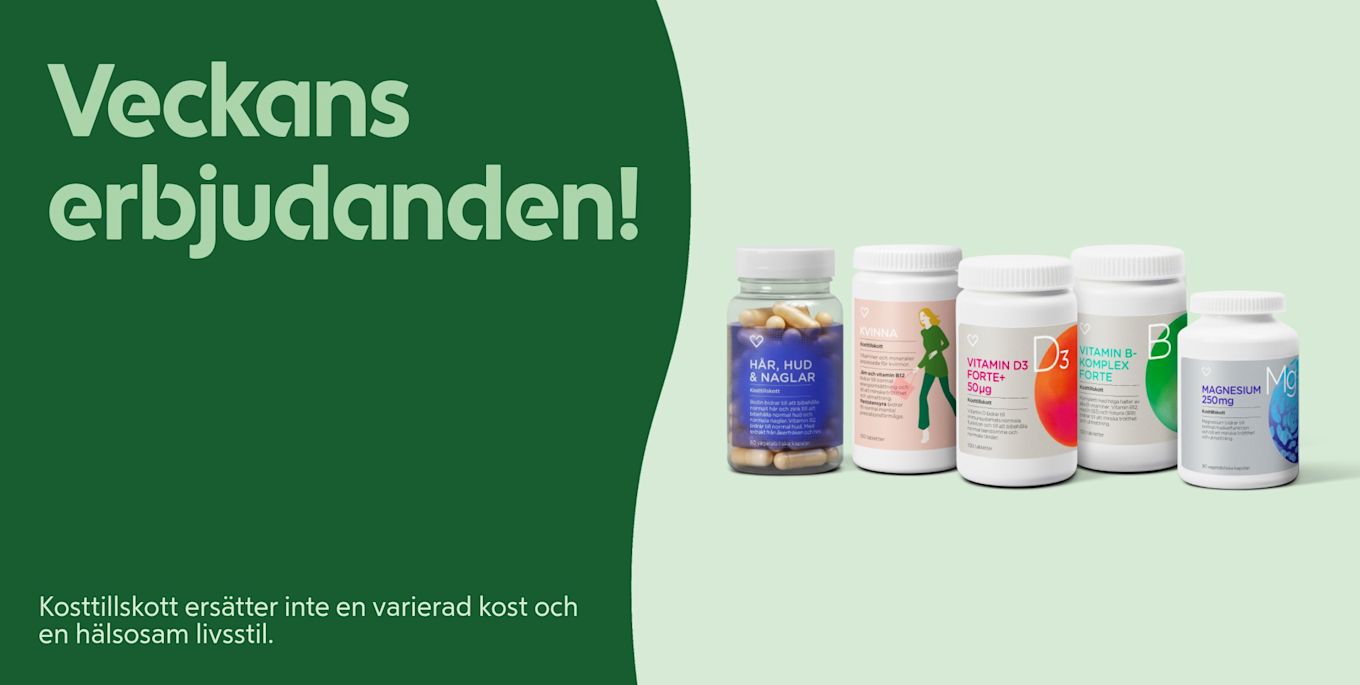 Flera kosttillskottsflaskor med vitaminer och mineraler visas bredvid texten "Veckans erbjudanden!" på grön och ljusgrön bakgrund.
