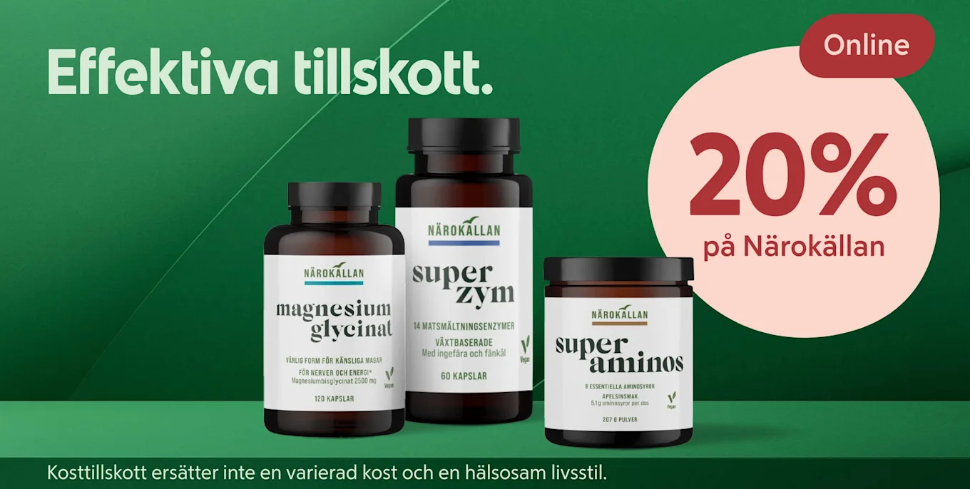 Tre Närökällan kosttillskottsflaskor med magnesium glycinate, superzym och super aminos på grön bakgrund med texten "20% på Närökällan Online".