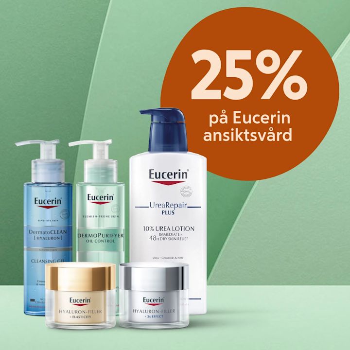 Fem Eucerin ansiktsvårdsprodukter står på en grön bakgrund med en orange cirkel som visar texten "25% på Eucerin ansiktsvård".