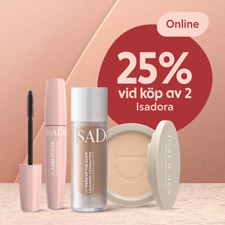 Sminkprodukter från Isadora inklusive mascara, foundation och puder visas med erbjudande om 25% rabatt vid köp av två online.