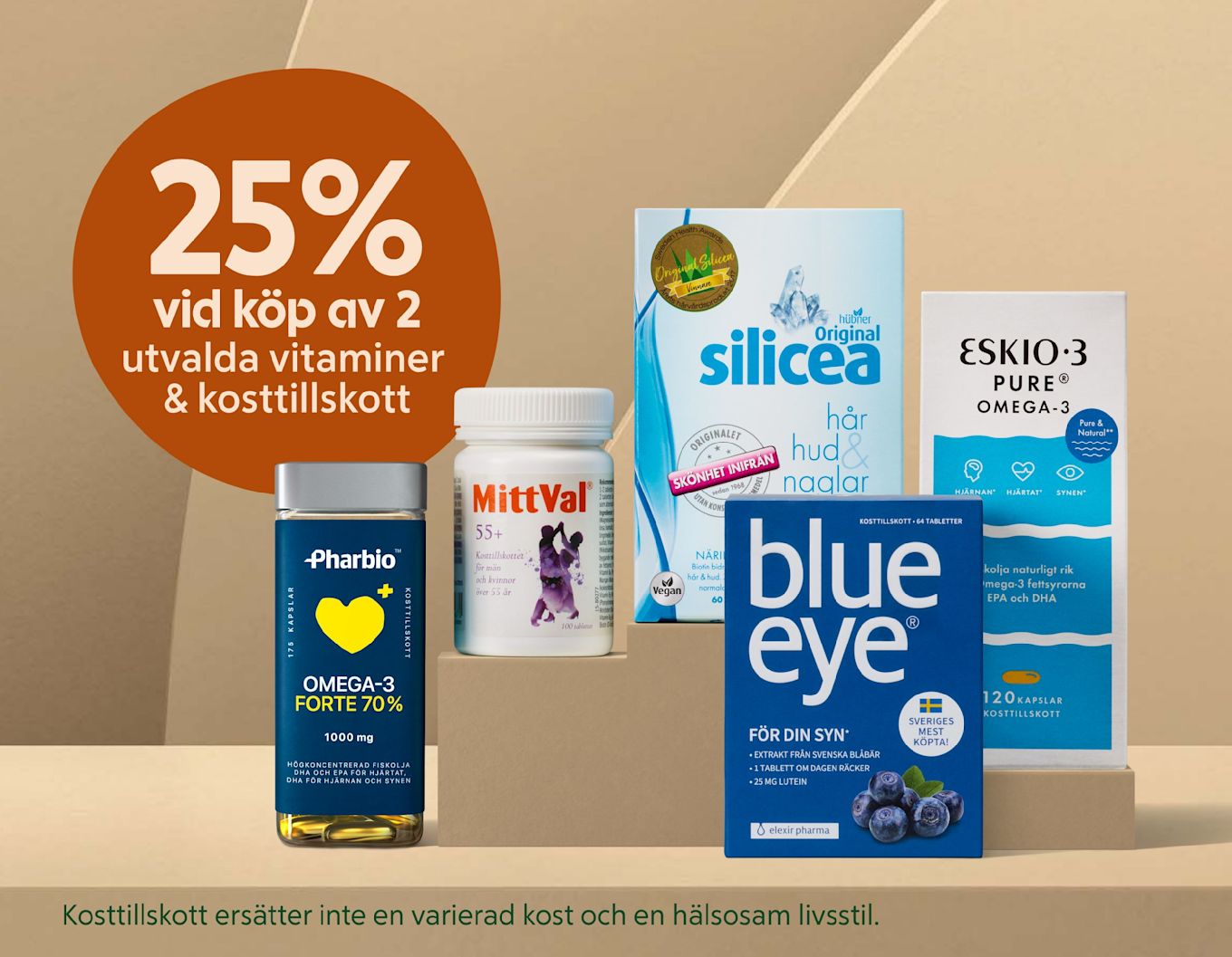Olika kosttillskott och vitaminer visas på beige hyllor med erbjudandet 25% rabatt vid köp av två utvalda produkter i bakgrunden.