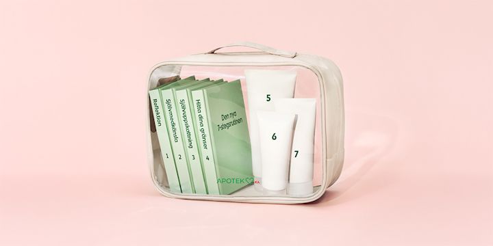 Necessär med den böcker och produkter för ung hud.