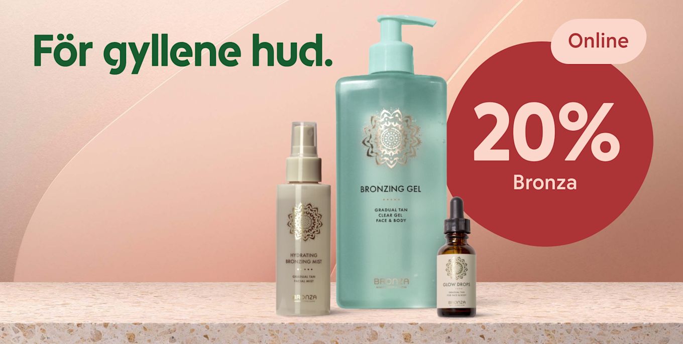 Tre hudvårdsprodukter med pump och droppflaska står på en stenbänk med texten "För gyllene hud" och en röd cirkel med texten "Online 20% Bronza".